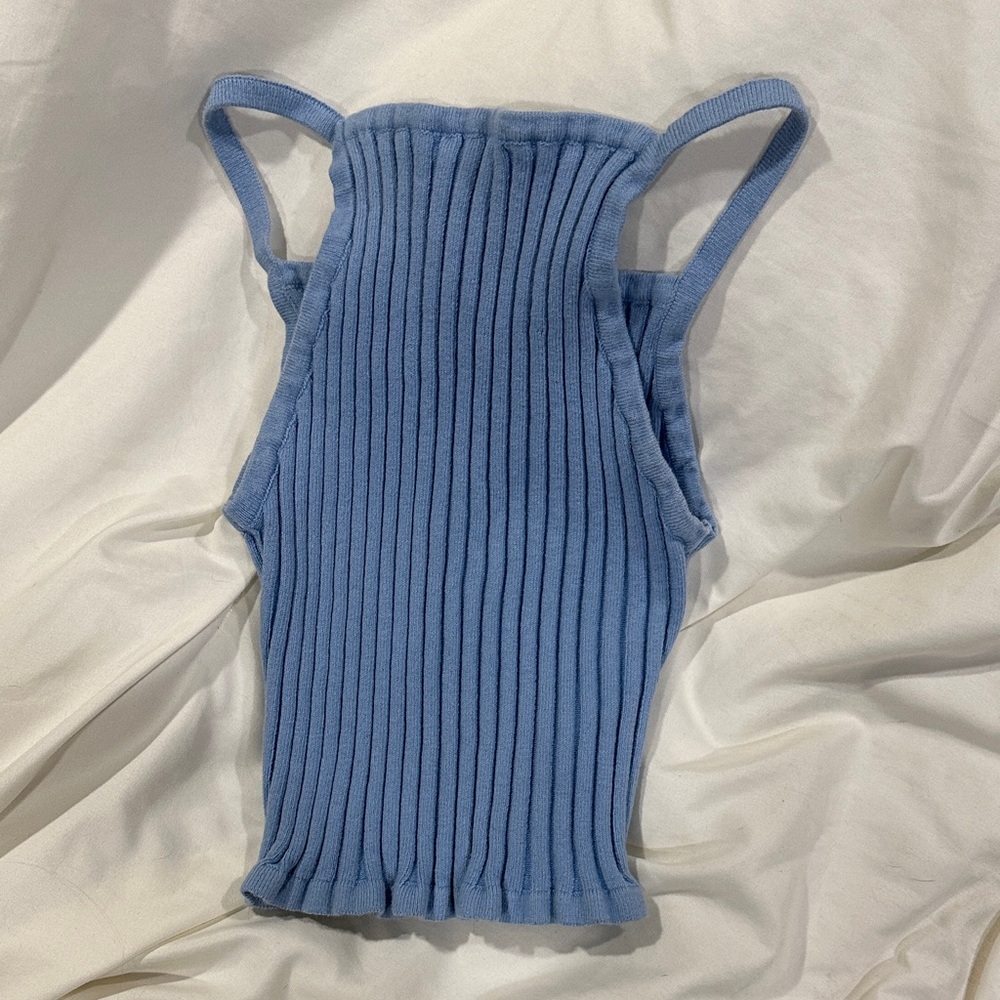 Blue Ribbed Women's Crop Top - Picture 4 of 4